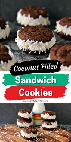 These easy Coconut Filled Sandwich Cookies have a fluffy coconut filling wedged between chocolate cookies, then dunked in more coconut. Coconut Filling, Best Chocolate Desserts, Coconut Chocolate, Coconut Cookies, Cookie Bar Recipes, Chocolate Dessert, Chocolate Coconut, Sandwich Cookies, Amazing Recipes