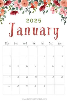 a calendar with flowers and the words january in red, pink and orange colors on it