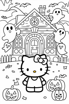 a hello kitty halloween coloring page with pumpkins and ghost on the ground in front of a house