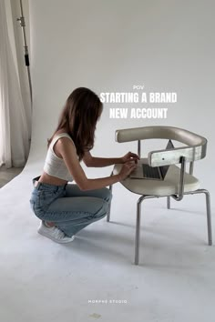 a woman kneeling down next to a chair with a laptop on it and the words starting a brand new account