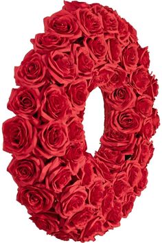 a large red rose wreath is displayed on a white background with the letter o in the center