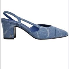 Looks Brand New! Worn Once Only! We’re Too Big On Me. Authentic Chanel Denim Slingback Heel Size 41. Sold Out Nationwide. Designer Blue Slingback Pumps With Pointed Toe, Designer Slingback Pumps For Spring, Designer Slingback Pumps With Round Toe For Spring, Dark Blue Heels, Chanel Mules, Open Toed Booties, Chanel Denim, Chanel Pumps, Chanel Heels