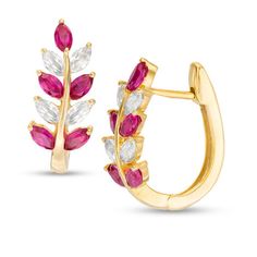 Inspired by nature, these enchanting hoop earrings radiate beauty and style. Crafted in sterling silver with 14K gold plate, each gorgeous earring features a sculpted branch artfully adorned with leaf-like 4 x 2.0mm marquise-cut lab-created bright red rubies and 4 x 2.0mm marquise-cut lab-created shimmering white sapphires. Buffed to a brilliant luster, these earrings secure with hinged backs. Peoples Jewellers, Diamond Jewelry Designs, Opal Earrings Stud, Costume Jewelry Earrings, Heart Earrings Studs, Marquise Cut, Inspired By Nature, White Sapphire, Gorgeous Earrings