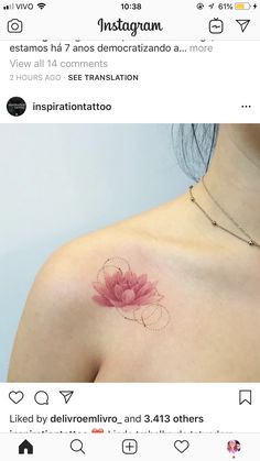 a woman's breast with a pink flower tattoo on her left shoulder and the words instagram written in spanish