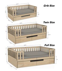 two wooden cribs are shown with the measurements