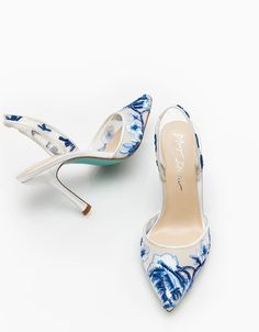 PATCH BLUE FLORAL Pointed Toe Heel | Women's Heels – Betsey Johnson Wedding Shoes With Fitted Dress, Blue White China Wedding, Something Blue Shoes Wedding, Light Blue Bridal Shoes, Blue Shoes For Wedding, Wedding Reception Sneakers, Colorful Bridal Shoes, Something Blue Wedding Shoes, Wedding Reception Shoes For Bride