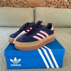 Sadly Too Big For Me :( Never Worn Besides Trying On Still Have Tags Hope Someone Can Enjoy Them! Pink And Blue Adidas Gazelle Outfit, Pink And Navy Adidas, Pink And Blue Sambas, Colorful Adidas, Pink And Navy Spezial Adidas, Pink Gazelles, Adidas Outfit Shoes, Shoes For School