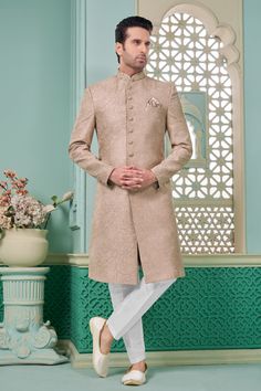 Presenting the Reach Color Readymade Nawabi Style Indo Western wear for men. Crafted specifically for wedding functions, it's perfect for any fashion-forward man. It features a comfortable faux satin lining and Art Banarasi Silk Aligadhi pants for added elegance. Sizes available from 34 all the way up to 60. Your order is dispatched within 15-18 working days. Step up your style game with this charming piece. Kurta Man Style, Nawabi Kurta Men, Engagement Dress For Men Mens Fashion, Engagement Wear For Men, Nawabi Style Men, Sherwani Designs For Men, Nawabi Sherwani, Indian Wedding Outfits For Men, Kurta Design For Men