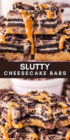 Layers of chocolate chip cookie dough, Oreos, and cheesecake, these Slutty Cheesecake Bars are all the perfect flavors in one single bite. If you have been looking for that show stopping dessert that everyone will fall head over heels for, then you absolutely need these Slutty Cheesecake Bars. These dessert bars are great for every occasion. Save this recipe! Oreo Cheesecake Bars, Cheesecake Bar Recipes, Dessert Bar Recipe, Cheesecake Desserts, Cheesecake Bites, Cake Bars, Cookie Bar Recipes, Desserts To Make, Cheesecake Bars