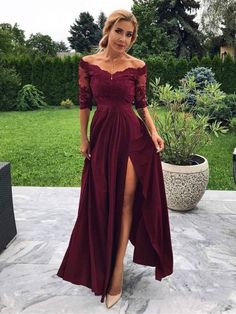 A Line Off Shoulder Half Sleeves Lace Maroon Prom Dresses with Slit, Off The Shoulder Burgundy Formal Dresses, Evening Dresses Maroon Prom, Maroon Prom Dress, Burgundy Formal Dress, Burgundy Prom Dress, A Line Prom Dresses, Natural Fabric, Professional Dresses, Prom Dresses Lace, Floor Length Dresses