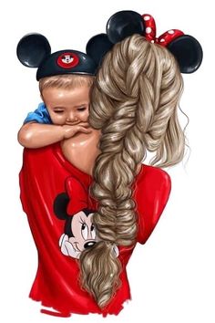 a drawing of a woman hugging a child with mickey mouse ears on her head and red shirt