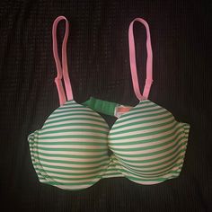 Victoria Secret Pink Bra Size 36d Brand New With Tags!! Green And White Stripe Excellent Condition! Brand New! Smoke And Pet Free Home Green Seamless Bra For Spring, Spring Green Seamless Bra, Green Summer Push-up Bra, Summer Green Push-up Bra, Green Push-up Bra For Summer, Green Stretch Bra For Spring, Spring Green Stretch Bra, Victoria Secret Pink Bras, Pink Bra