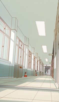 an empty hallway with lots of windows and red fire hydrant