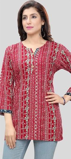 Red and Maroon color Kurti in Rayon fabric with Printed work Color Kurti, Simple Kurta, Casual Kurti, Kurta Designs, Maroon Color, Rayon Fabric, Jaipur, Long Sleeve