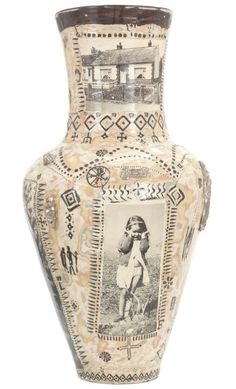 an old vase with pictures on it is sitting against a white background and has brown trim around the edges