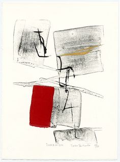 an abstract painting with red and grey colors on white paper, including lines in the middle