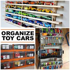 organized toy cars in bins and shelves with text overlay that reads organize toy cars