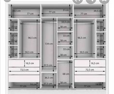 the measurements for an open closet with drawers and shelves in white, including two doors