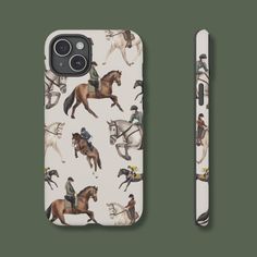 an iphone case with horses and jockeys on it, sitting next to a pen