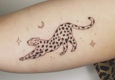 a cheetah tattoo on the right arm and shoulder, with stars in the background