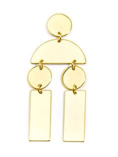 Chic shiny, geometric drop earrings. - Closure: Post Back - Drop: 2.21" - Post Diameter: 0.039" - Nickel and Lead Compliant (Hypoallergenic) Trendy Gold-tone Dangle Earrings, Elegant Geometric Gold Earrings, Elegant Gold Geometric Earrings, Modern Geometric Earrings For Party, Modern Geometric Party Earrings, Modern Gold-tone Drop Linear Earrings, Chic Metal Linear Earrings As Gift, Chic Metal Linear Earrings For Gifts, Chic Metal Linear Earrings