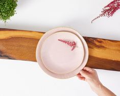 a person holding a pink plate on top of a wooden table next to some plants