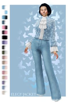 an image of a woman in blue jeans with butterflies on the back and white shirt