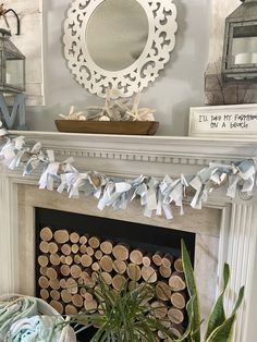 a fireplace mantel decorated with wood slices