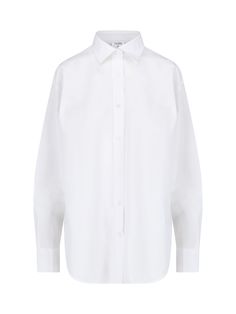 Classic Filippa K white cotton shirt with classic collar, button closure, button cuffs, curved hem. Composition: 100% Cotton White Business Blouse With Placket, White Blouse With Concealed Placket And Fold-down Collar, White Blouse With Placket For Business, Classic Oversized Business Shirt, Classic Oversized Shirt For Business, Classic White Blouse With Concealed Placket, White Shirt With Lapel Collar For Daywear, Timeless White Shirt With Placket, White Relaxed Fit Dress Shirt For Office