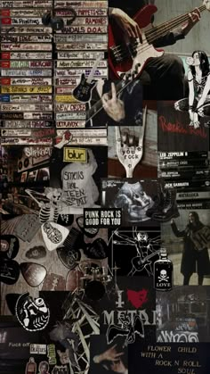 a collage of various images with guitars and stickers all over the entire photo