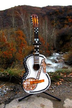 a guitar is sitting on top of a rock near a river and some trees in the background