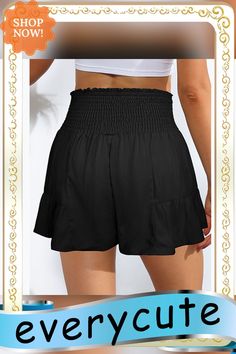 Black Ruffle Hem Tie Waist Wide Leg Culotte Black Ruffled Summer Bottoms, Summer Black Bottoms With Ruffles, Summer Ruffled Black Bottoms, Black Ruffled Bottoms For Vacation, Black Ruffled Shorts For Summer, Summer Black Ruffled Shorts, High Waist Black Ruffled Shorts, Black High-waisted Ruffled Shorts, High Waist Black Shorts With Ruffles