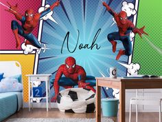 two spiderman wallpapers in a child's room with the name noah