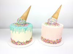 two cakes with ice cream and sprinkles on them, one has an ice cream cone