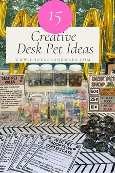 a desk with lots of items on it and the words creative desk ideas above it