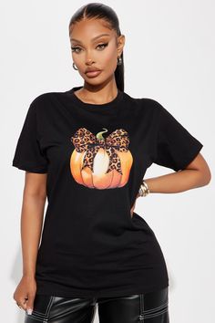 Available In Black. Graphic T-Shirt Stretch Disclaimer: Due To The Printing Process A Difference In Saturation May Occur. Each Garment Is Unique. 100% Cotton Imported | Put A Bow On It Pumpkin Tee Shirt in Black size Small by Fashion Nova Tee Shirt Print, Black Tee, Fashion Nova, Black Fashion, Womens Clothing Tops, Shirt Blouses, Top Shirt, Tee Shirts, Clothes For Women