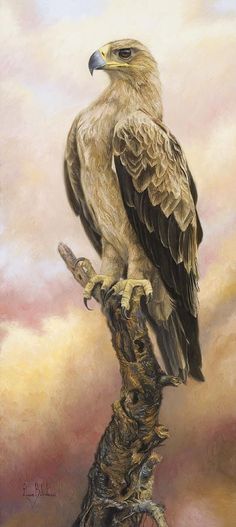 a painting of an eagle sitting on top of a tree branch with clouds in the background