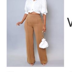 Tan High Waisted Flare Leg Trousers Some Stretch Casual Beige Bottoms For Party, Casual Beige Party Bottoms, Beige Wide-leg Party Pants, Beige High Waist Pants For Party, Beige High Waist Party Pants, Beige High-waist Pants For Party, Fitted Wide Leg Brown Pants For Spring, Chic High Waist Brown Dress Pants, Brown Office Pants For Spring