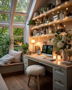 a home office with lots of plants and lights