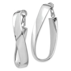 Rhodium over 14k white gold polished twisted oval hoop earrings. Measure approximately 1 3/4"L x 1/4"W and have saddleback backings. Silver Oval Hoop Earrings With Polished Finish, Modern Twist Hoop Jewelry With Polished Finish, Modern Oval Clip-on Jewelry, Elegant Twisted Jewelry With Polished Finish, Modern Twist Hoop Earrings With Polished Finish, Elegant Oval Sterling Silver Hoop Earrings, Formal Hoop Earrings With Modern Twist And Polished Finish, Elegant Oval Hoop Earrings With Shiny Finish, Modern Formal Hoop Earrings With Polished Finish