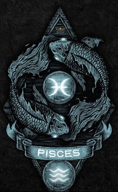 the pisces symbol with two fish in it's center, surrounded by other symbols