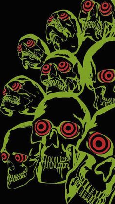 a bunch of skulls with red and green eyes are shown in the middle of a black background