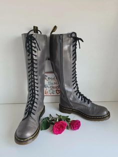 Thank you for reviewing my item.  Excellent quality & made to last! Condition: 8/10. Good condition Dr Doc Martens 20 hole 1b60 grey knee high tall leather boots UK 5 EU 38 US 7 I am a trusted seller. Please check my page for feedback on my previous sold items.   2-3 working days delivery to UK, 3-5 working days delivery to rest of Europe. 5 - 10 working day delivery to rest of the world. Item will be send tracked (recorded). Worldwide tracked sending 30 Euro Item will be well packed, shipped AS Gray Knee-high Winter Boots, Silver Leather Knee-high Boots, Womens Booties, Booties Ankle Boots, Tall Leather Boots, Boots Uk, Doc Martens, Boot Shoes Women, Leather Boots