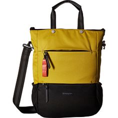 a yellow and black tote bag on a white background