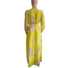 Yellow Floral Print V Neck Bohemia Maxi Dress Casual Yellow Chiffon Maxi Dress, Yellow Long Printed Maxi Dress, Yellow Printed Long Maxi Dress, Yellow Floral Print Chiffon Maxi Dress, Yellow Chiffon Maxi Dress With Floral Print, Yellow Long Sleeve Maxi Dress For Summer, Yellow Long Sleeve Maxi Dress For Beach, Yellow Long Sleeve Maxi Dress For Spring, Yellow Flowy Long Sleeve Maxi Dress