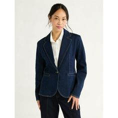 A soft silhouette and simple one-button closure, Free Assembly's Womens Single-Breasted Denim Blazer brings a feminine vibe to your workday or weekend. The notched collar and pockets in front are a subtle nod to a menswear-inspired design, while the tailored waist and curved front add feminine charm. Pair it with a button-front shirt and trousers for an impeccable 9-to-5 look, then update it with high-waisted jeans and a white tee for a trendy denim-on-denim style. Only at Walmart. Size: XS.  Co Classic Fitted Denim Jacket For Workwear, Elegant Fitted Denim Jacket For Work, Fitted Button-up Denim Jacket For Work, Fitted Denim Blue Denim Jacket For Work, Fitted Denim Blue Jacket For Work, Fitted Denim Jacket For Work, Fitted Denim Jacket With Pockets For Work, Single-breasted Button-up Denim Jacket For Work, Classic Denim Jacket With Notch Lapel