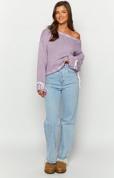 Purple Knit Sweater

How to style:
Be winter () ready with this essential knit sweater. This sweater elevates winter fashion, making it fun to dress up for cooler nights. This knit jumper can be paired with slippers and casual jeans () or white pants () and boots.

Features:


  
 *   Heavy weight knit material 
  
 * Asymmetrical off shoulder style 
 
 * Slight stretch Long sleeved sweater 
 
 * Full length 
 
 * Contrast white details 
 
 * Oversized fit 
 
 * Unlined 
 
 * Pull on design Chic Chunky Knit Cotton Sweater, Trendy Cotton Chunky Knit Sweater, Trendy Chunky Knit Cotton Sweater, Trendy Chunky Knit Sweater For Loungewear, Trendy Cotton Sweater For Cold Weather, Chunky Knit Sweater For Cold Spring Weather, Trendy Cable Knit Sweater For Spring, Chunky Knit Sweater For Loungewear In Spring, Casual Chunky Knit Sweater For Spring