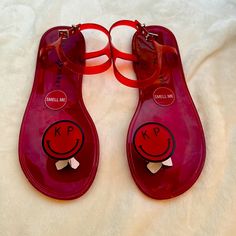 Nwt The Katy Perry Collection Geli Red Smiley Face Kp Jelly Sandals Size 9 Cute Red Sandals With Round Toe, Trendy Red Flat Sandals, Cute Red Sandals For Summer, Red Jelly Sandals For Summer Party, Red Round Toe Jelly Sandals For Vacation, Red Jelly Sandals For Spring Party, Trendy Adjustable Red Sandals, Trendy Red Jelly Sandals For Spring, Red Flat Jelly Sandals For Party