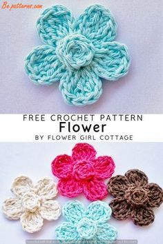 four crochet flower patterns are shown in three different colors