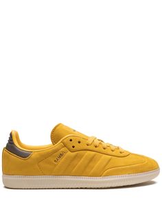 yellow leather signature 3-Stripes logo gold-tone logo lettering round toe front lace-up fastening logo-print tongue contrasting heel counter flat rubber sole These styles are supplied by a premium sneaker marketplace. Stocking only the most sought-after footwear, they source and curate some of the most hard to find sneakers from around the world. Sporty Yellow Leather Sneakers, Yellow Low-top Sneakers With Adidas Logo, Adidas Samba Yellow, Luxury Yellow Suede Sneakers, Luxury Yellow Adidas Sneakers, Yellow Low-top Textile Sneakers, Red Trainers, Yellow Sneakers, Sneaker Outfits Women